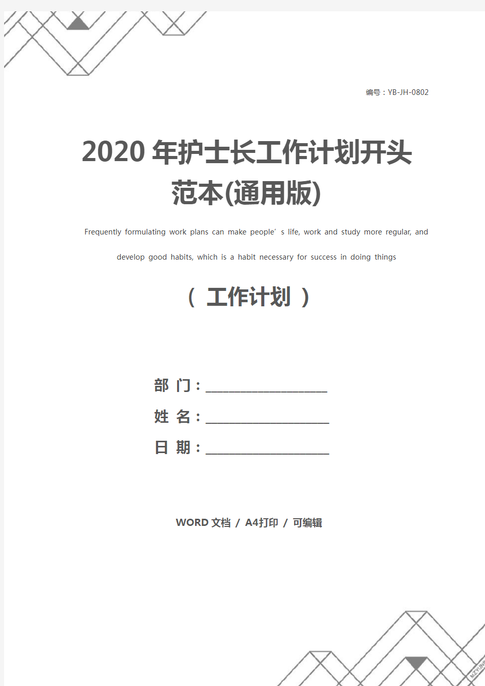 2020年护士长工作计划开头范本(通用版)