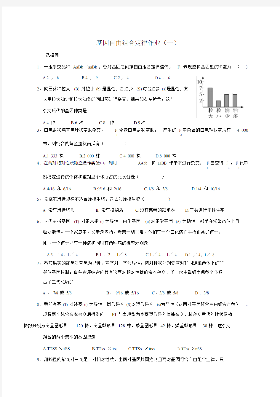 (完整word版)基因的自由组合定律练习题一.docx