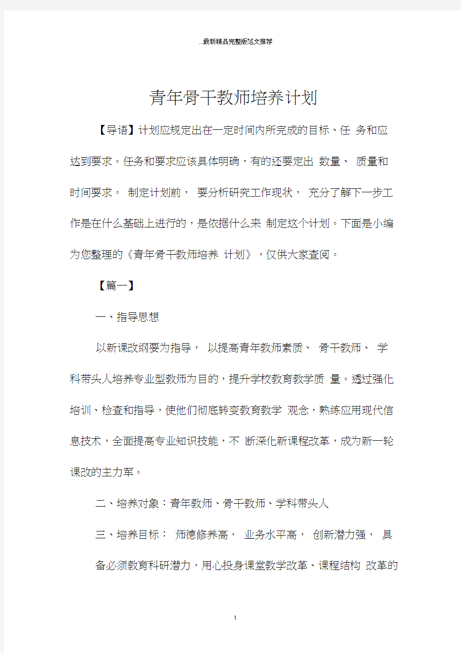 青年骨干教师培养计划