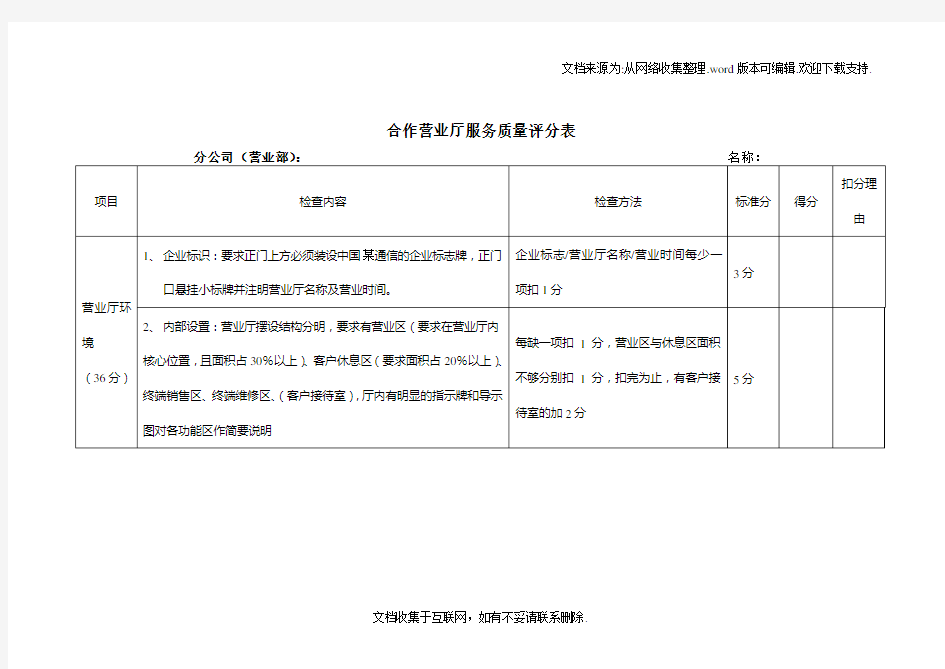 移动合作营业厅服务质量评分表