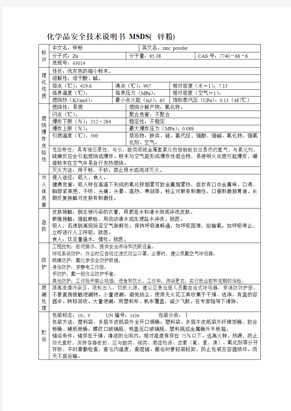 化学品安全技术说明书 MSDS( 锌粉)