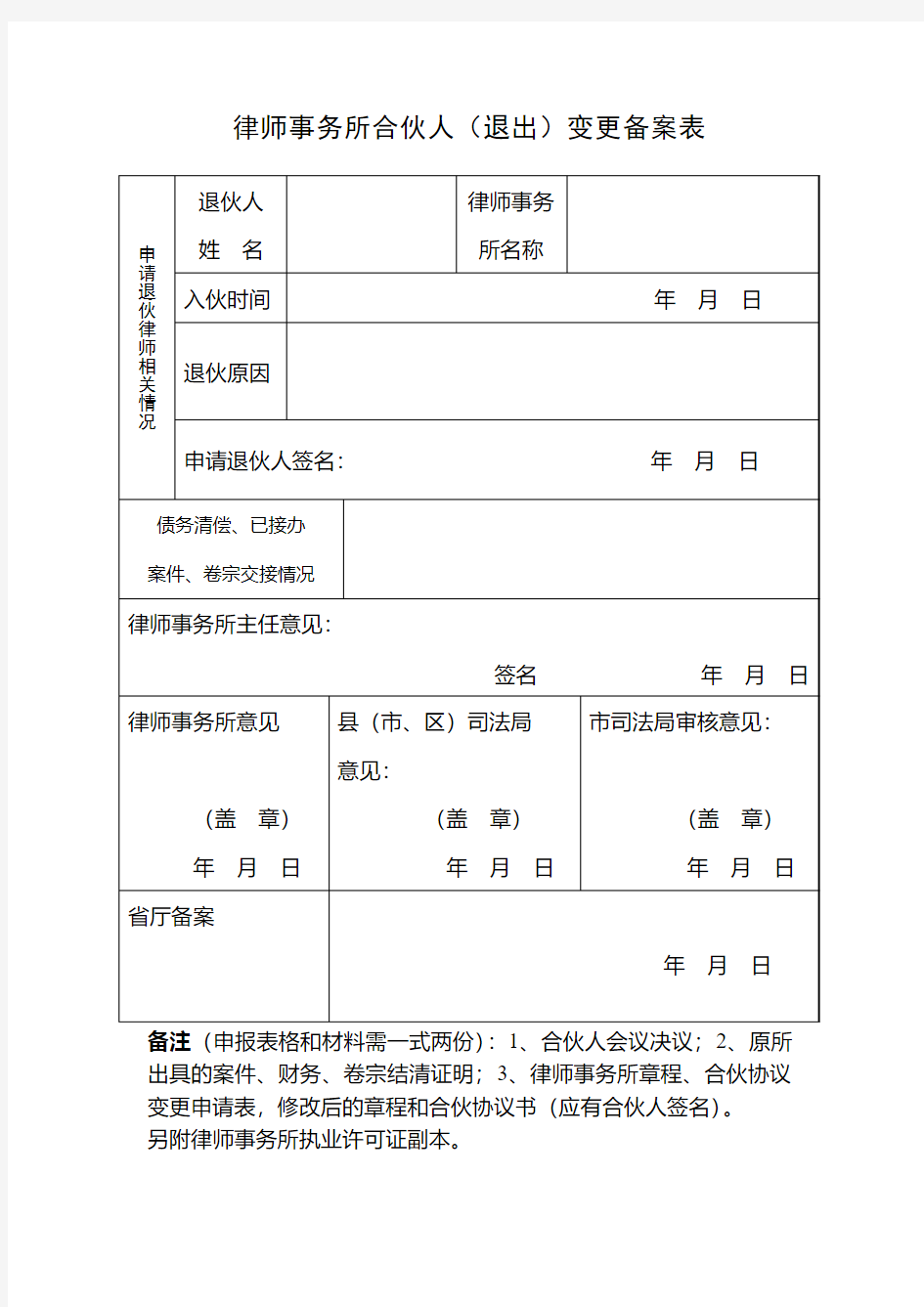 律师事务所合伙人退伙变更登记表-江苏司法厅