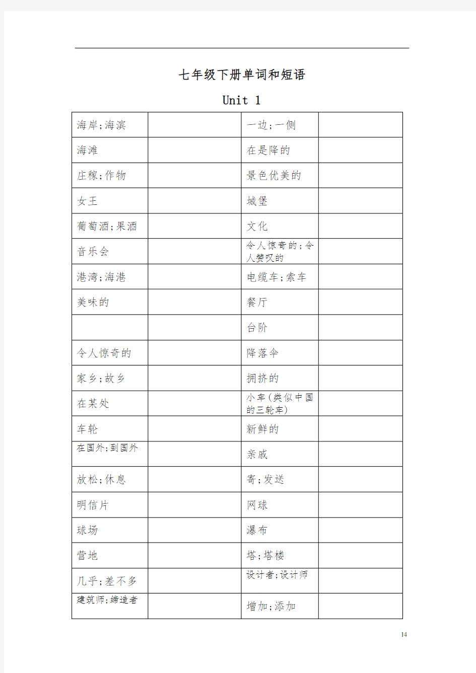 广州版英语七年级(下册)单词和短语