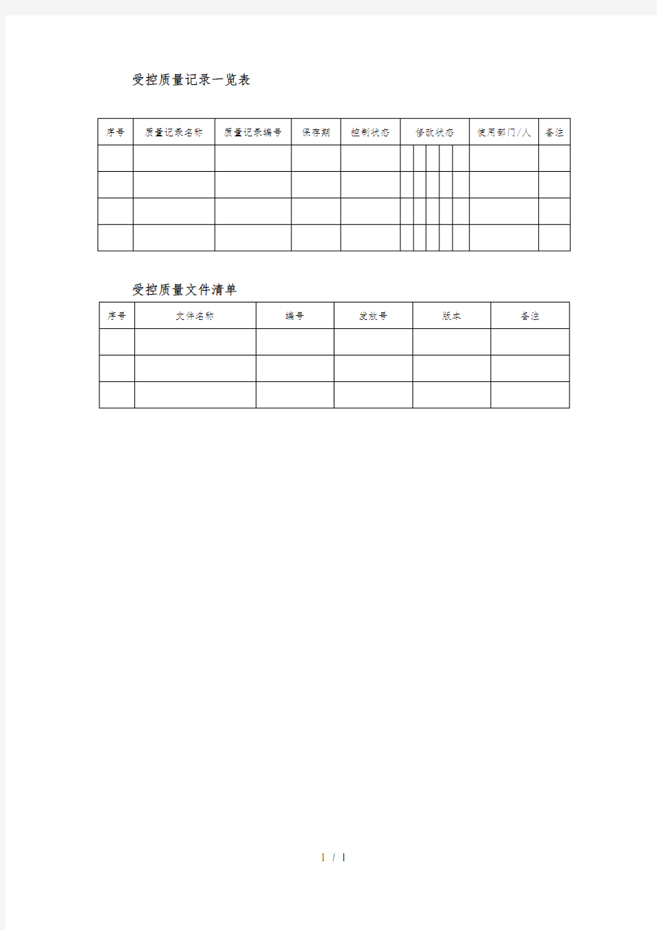 受控质量文件、记录一览表