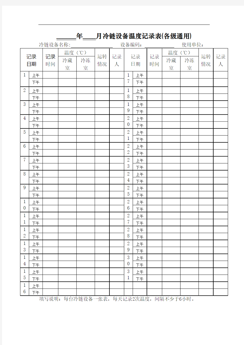 冷链设备温度记录表