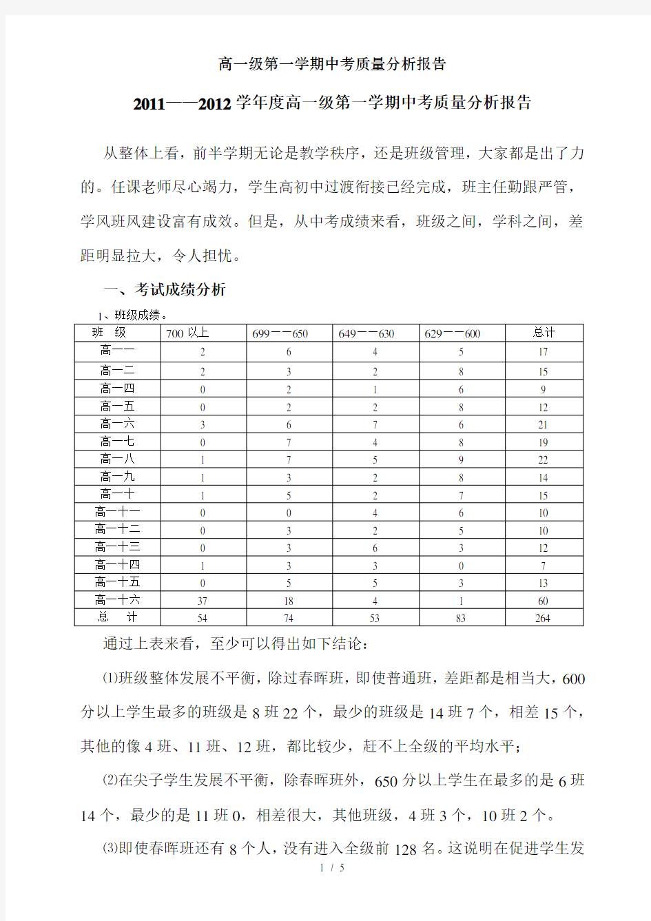 高一级第一学期中考质量分析报告