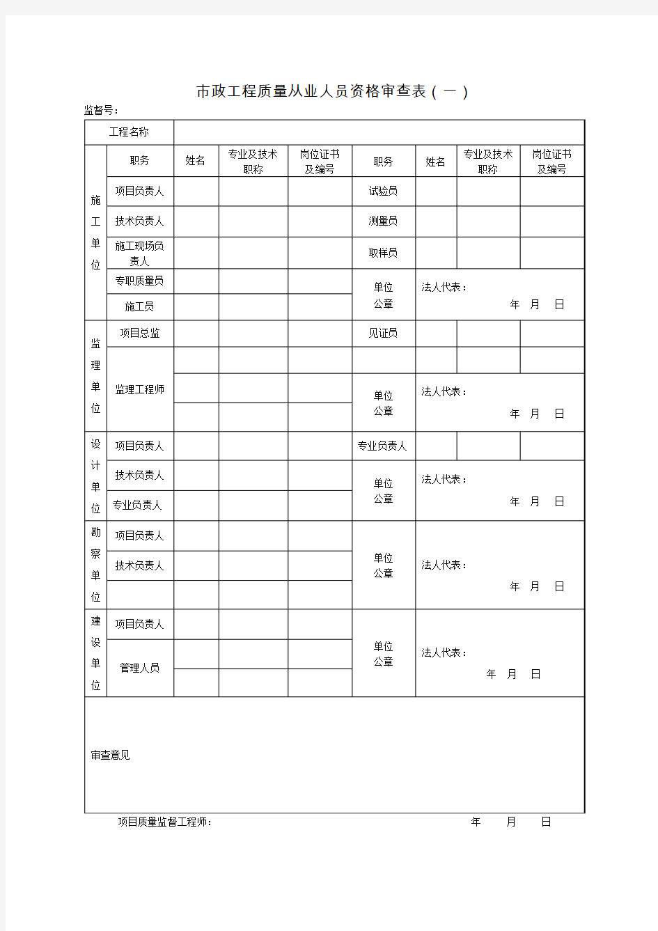 市政工程质量从业人员资格审查表