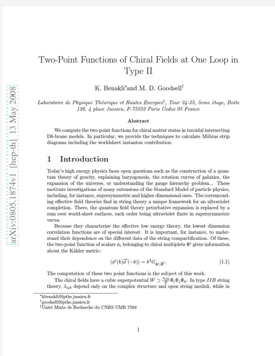 Two-Point Functions of Chiral Fields at One Loop in Type II