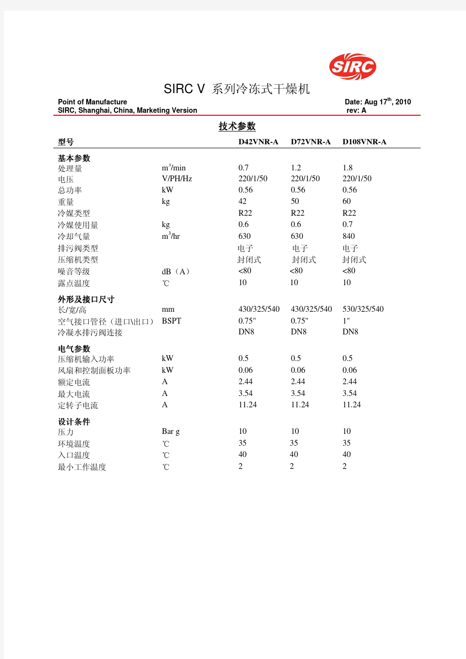 冷冻式干燥机技术参数