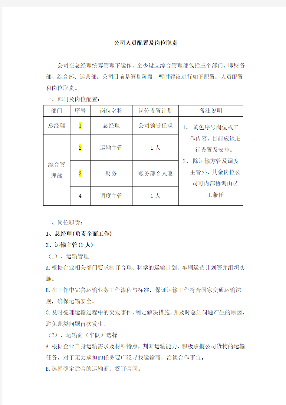 运输型物流公司的人员配置及岗位职责