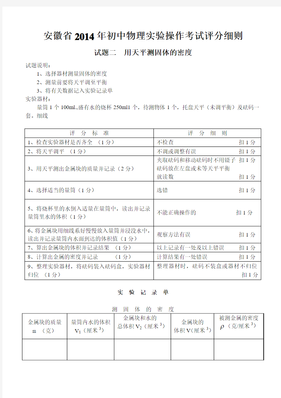 2014年安徽省初中物理实验操作考试评分细则