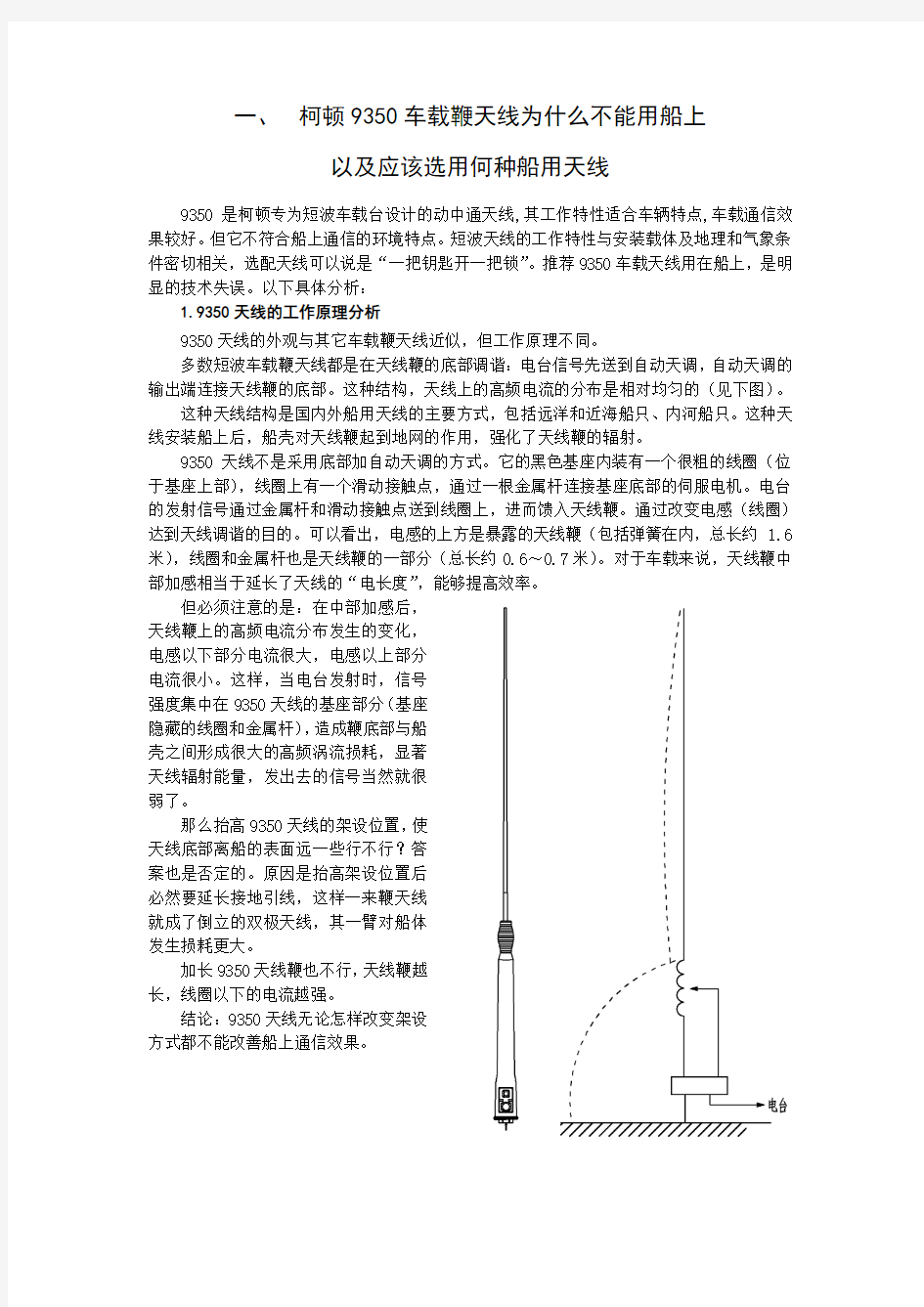 柯顿9350车载鞭天线为什么不能用船上