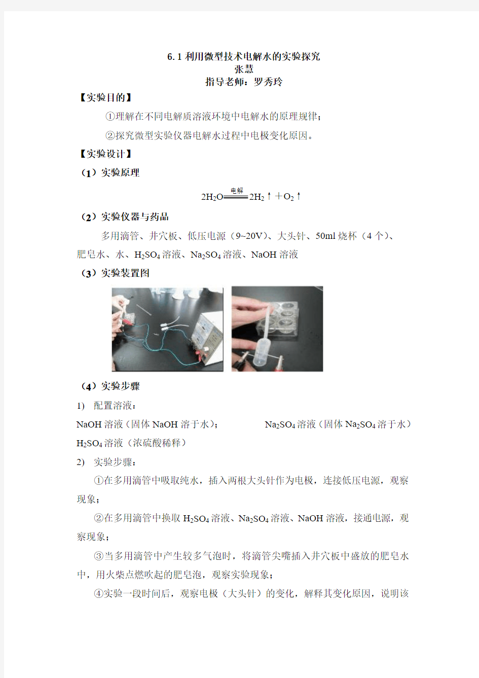 利用微型实验仪器电解水实验报告.doc