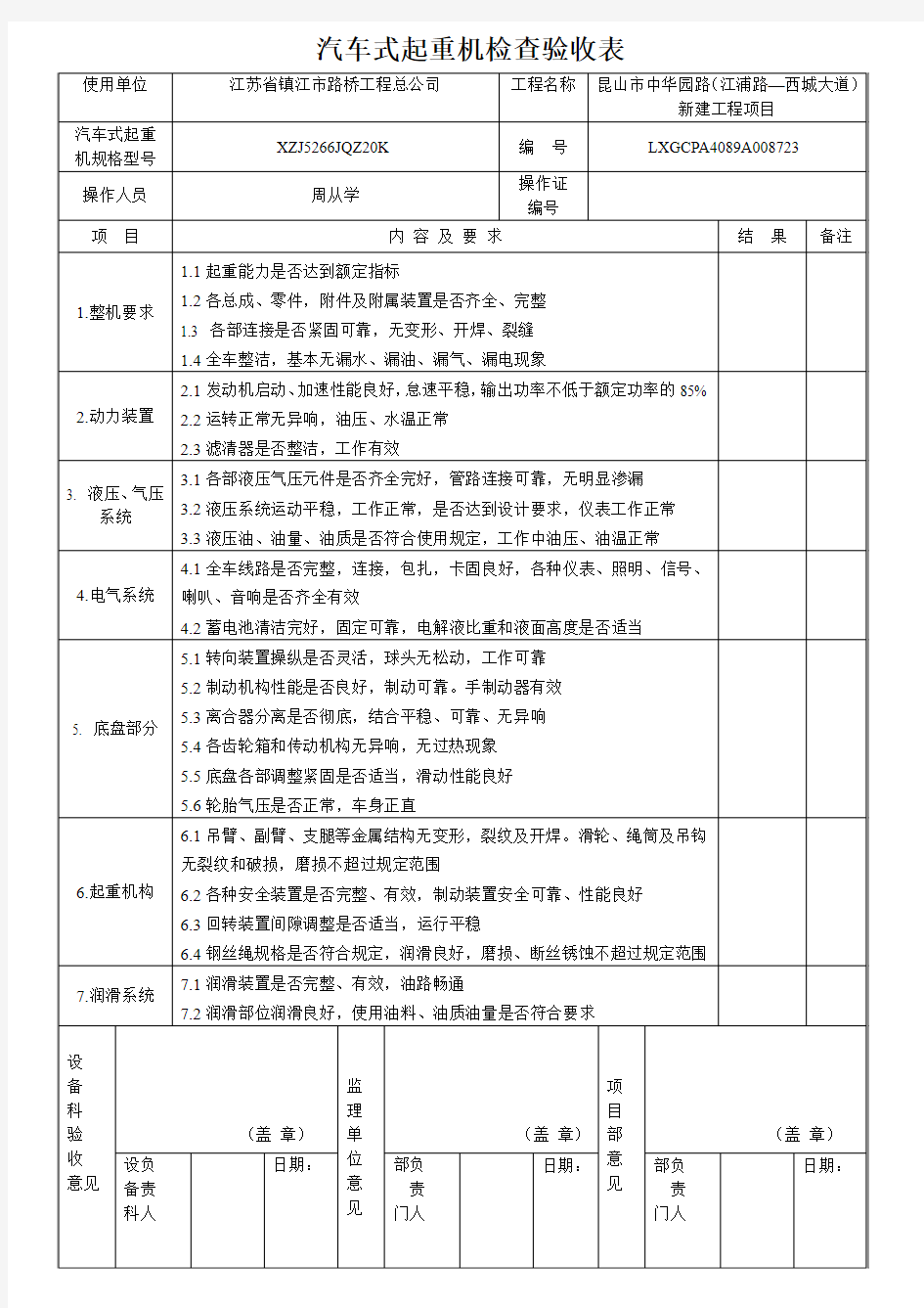 汽车式起重机检查验收表