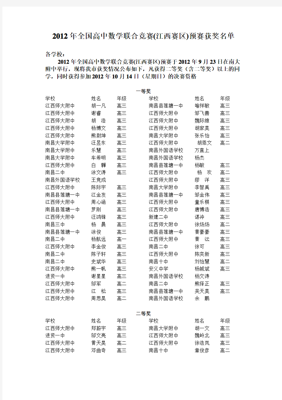 2012年全国高中数学联合竞赛(江西赛区)预赛