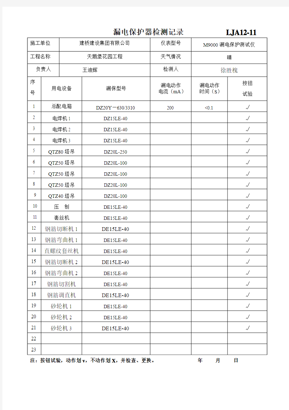 漏电保护器检测记录