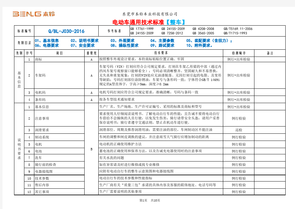 电动车通用技术标准【整车】