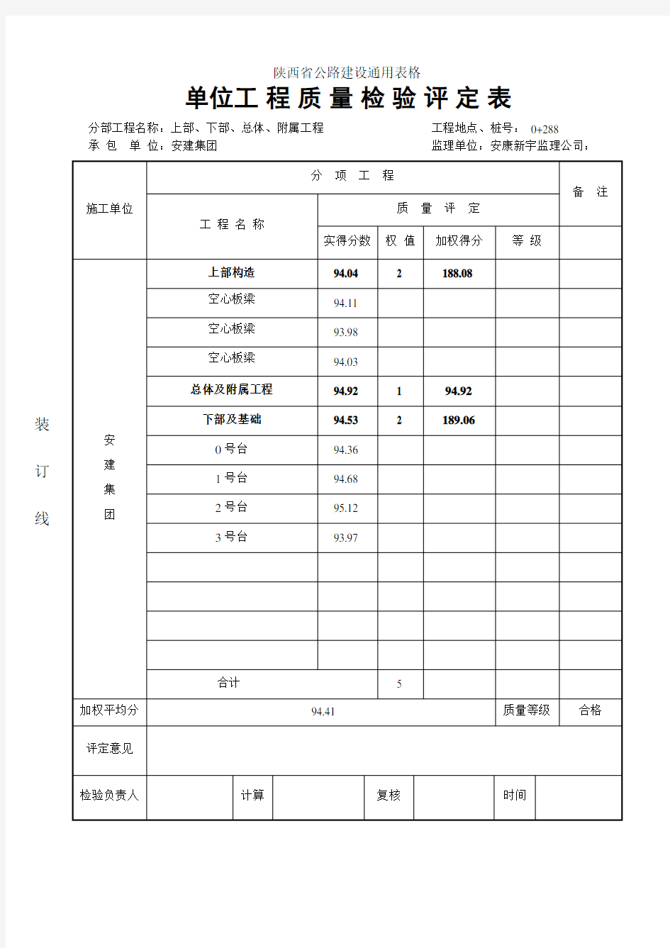 子分部工程质量检验评定表 