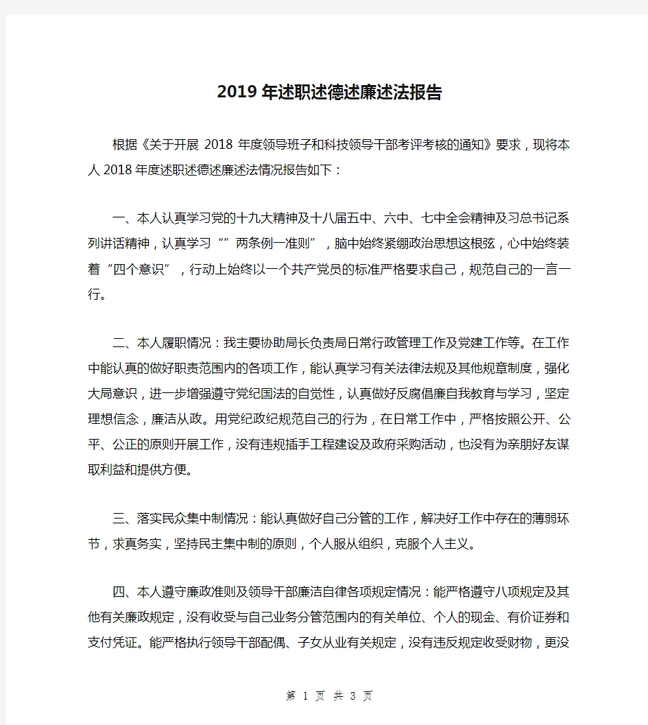 2019年述职述德述廉述法报告