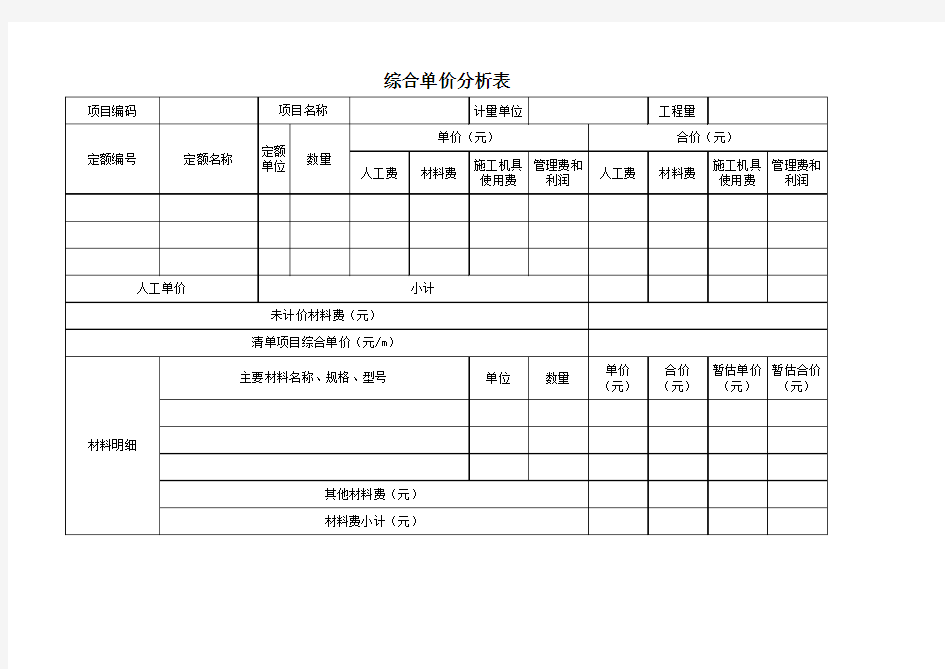 综合单价分析表-格式