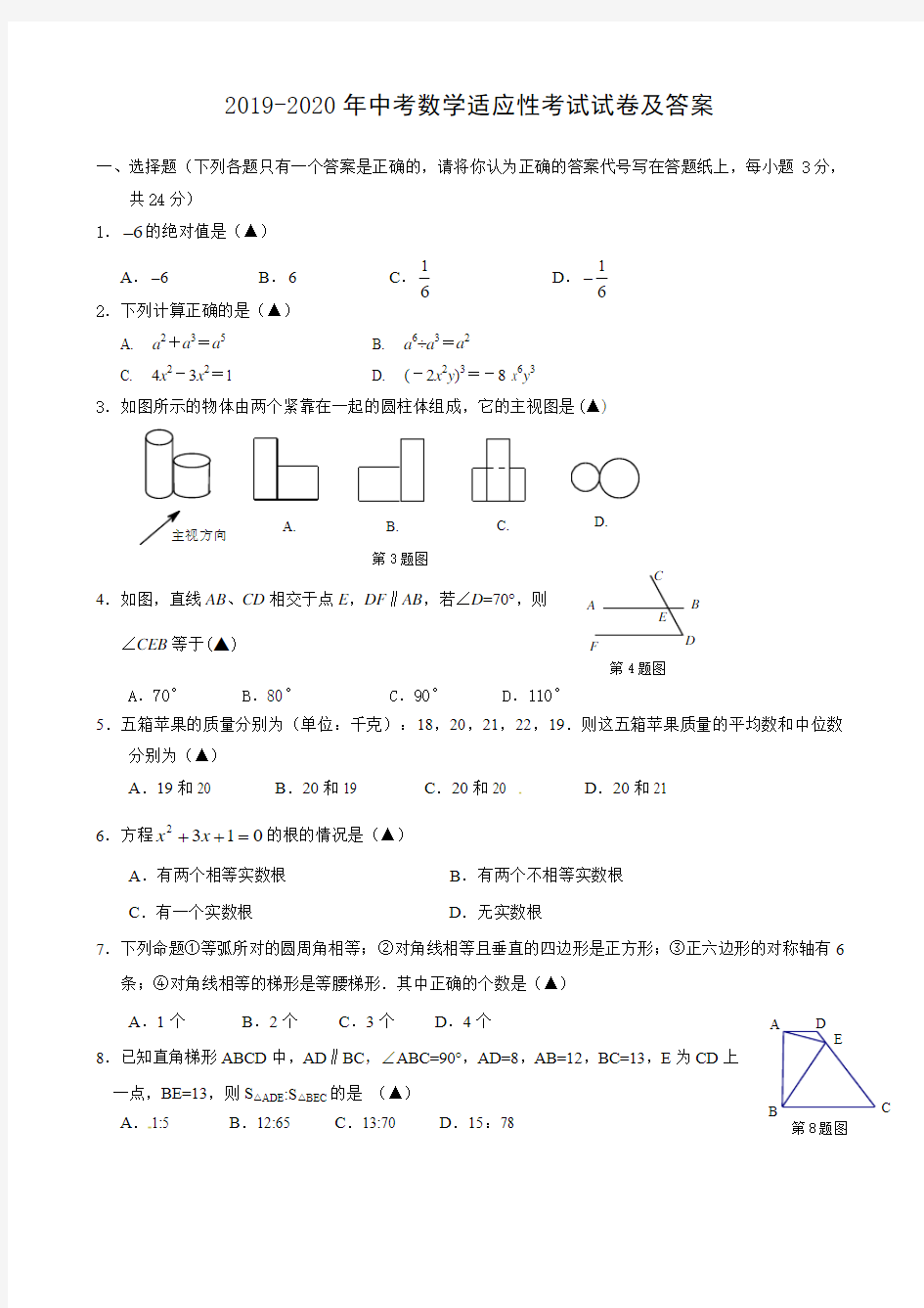 2019-2020年中考数学适应性考试试卷及答案