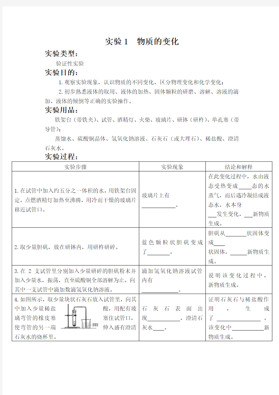 实验1  物质的变化 实验报告