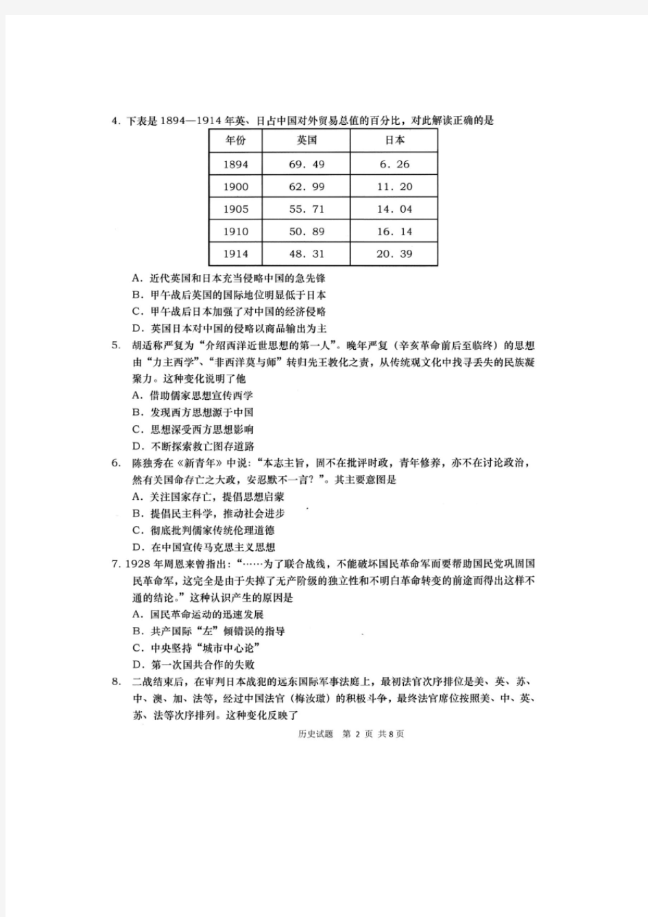山东省青岛市2020届高三4月统一质量检测(一模)历史试题(含答案)
