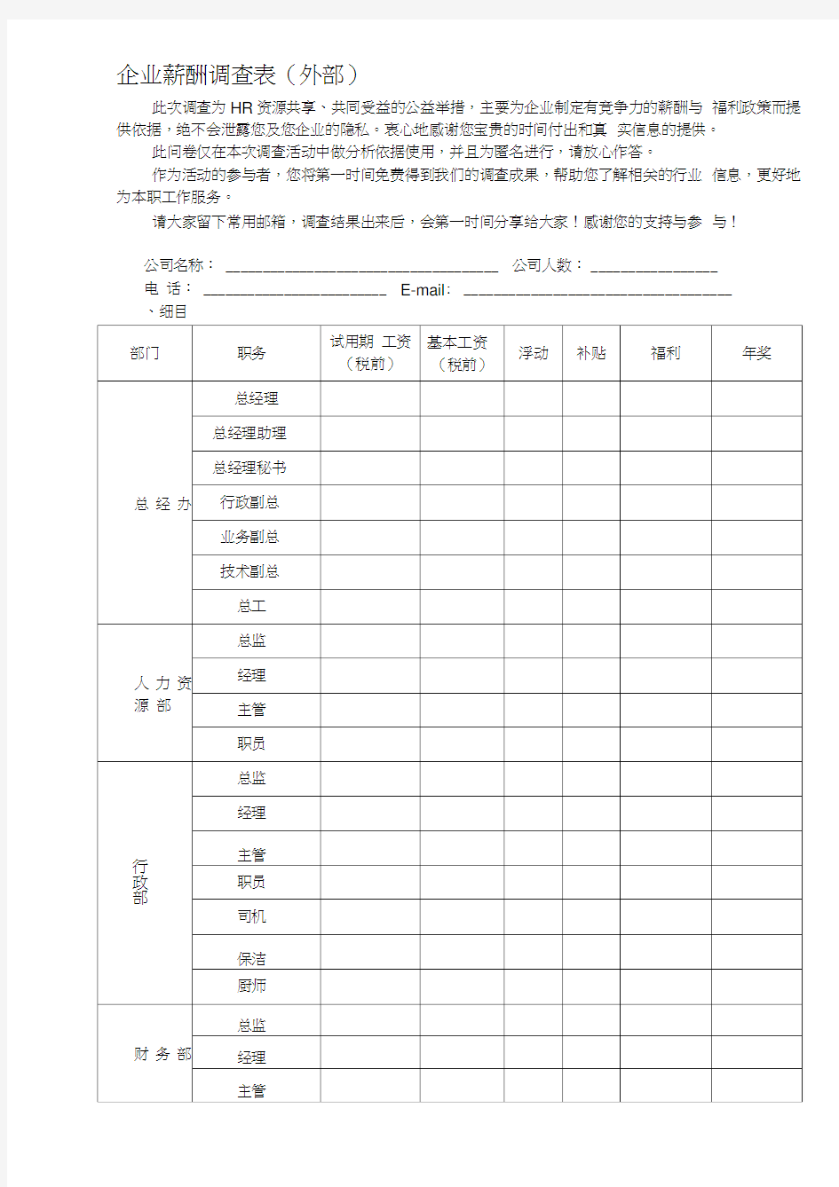 企业外部薪酬调查表