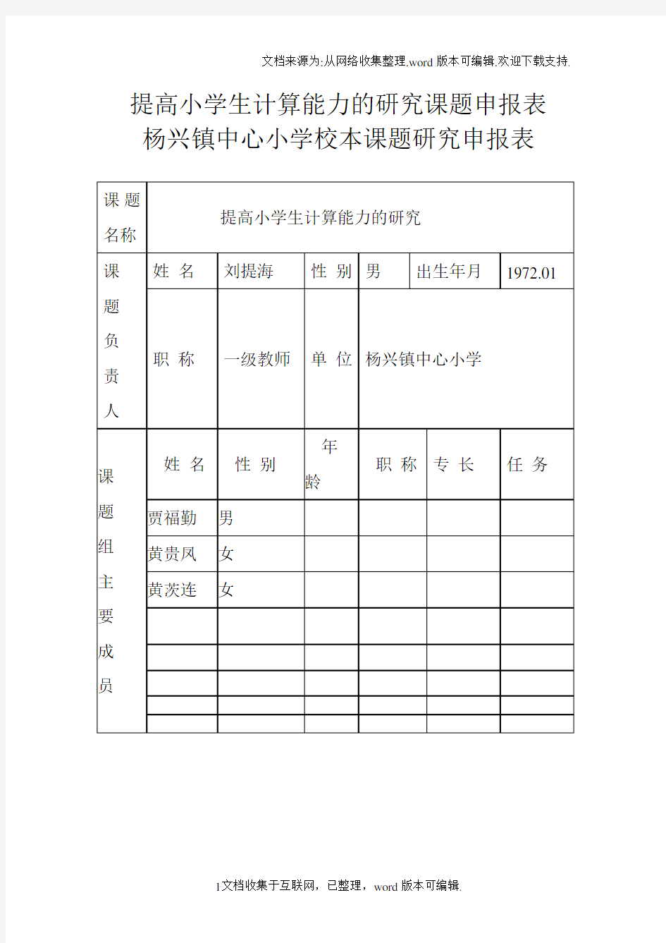 提高小学生计算能力的研究课题申报表