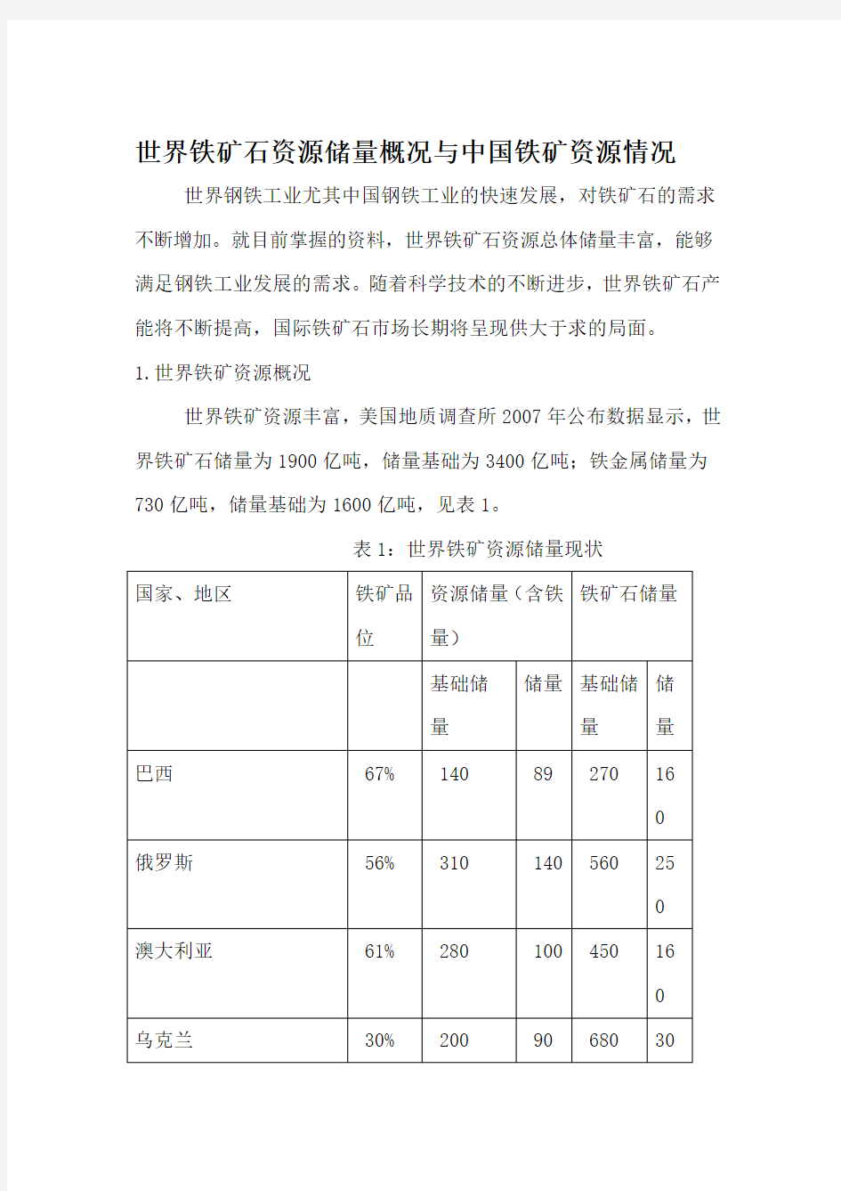 世界铁矿石资源储量概况与中国铁矿资源情况