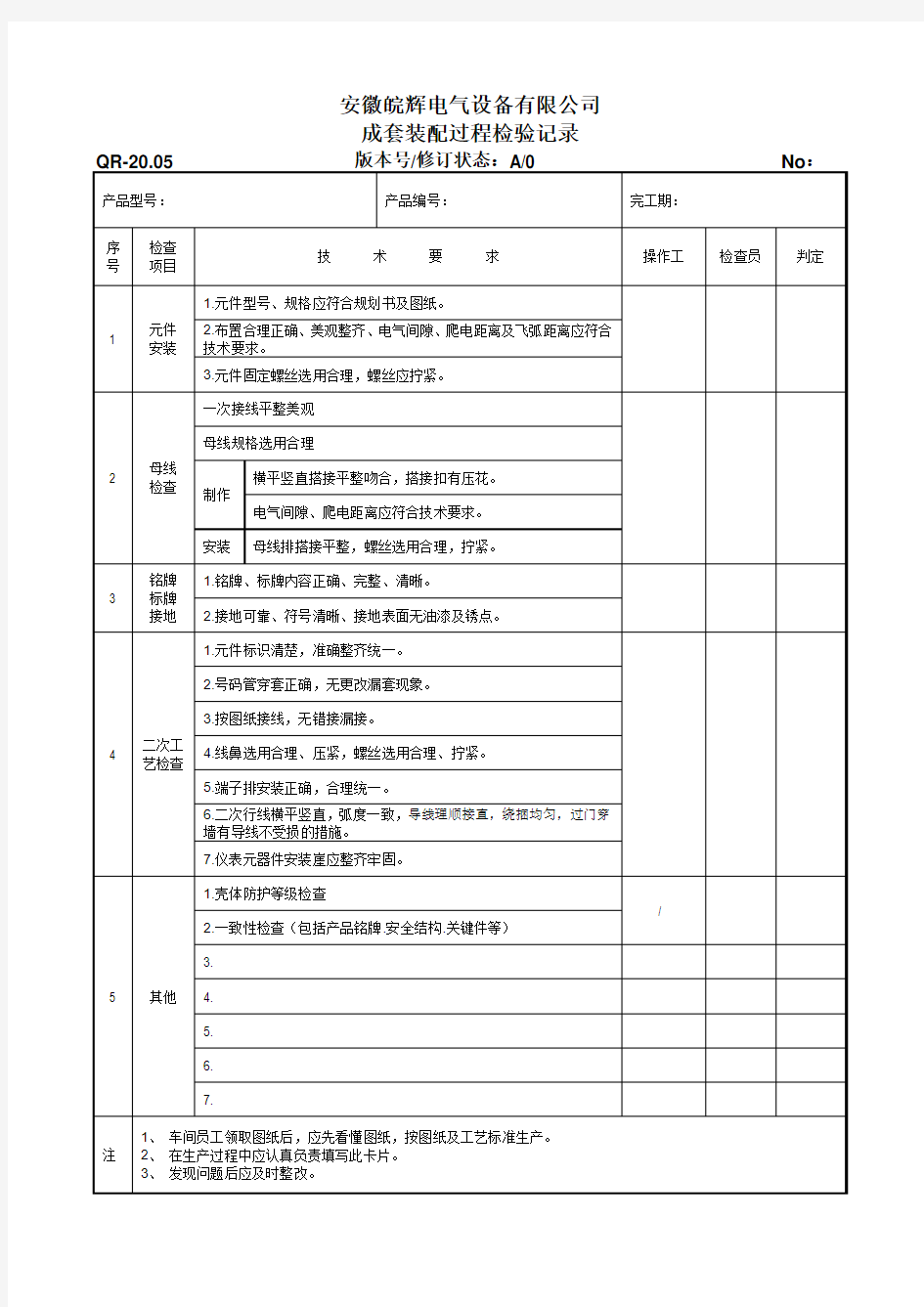 成套装配过程检验记录表