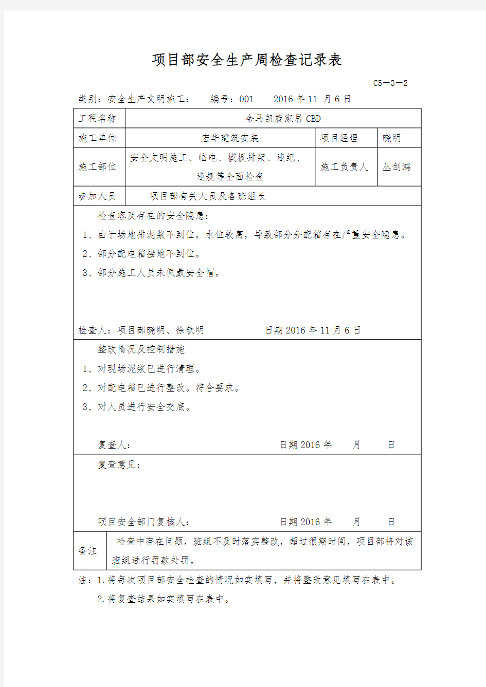 项目部安全生产周检查记录表