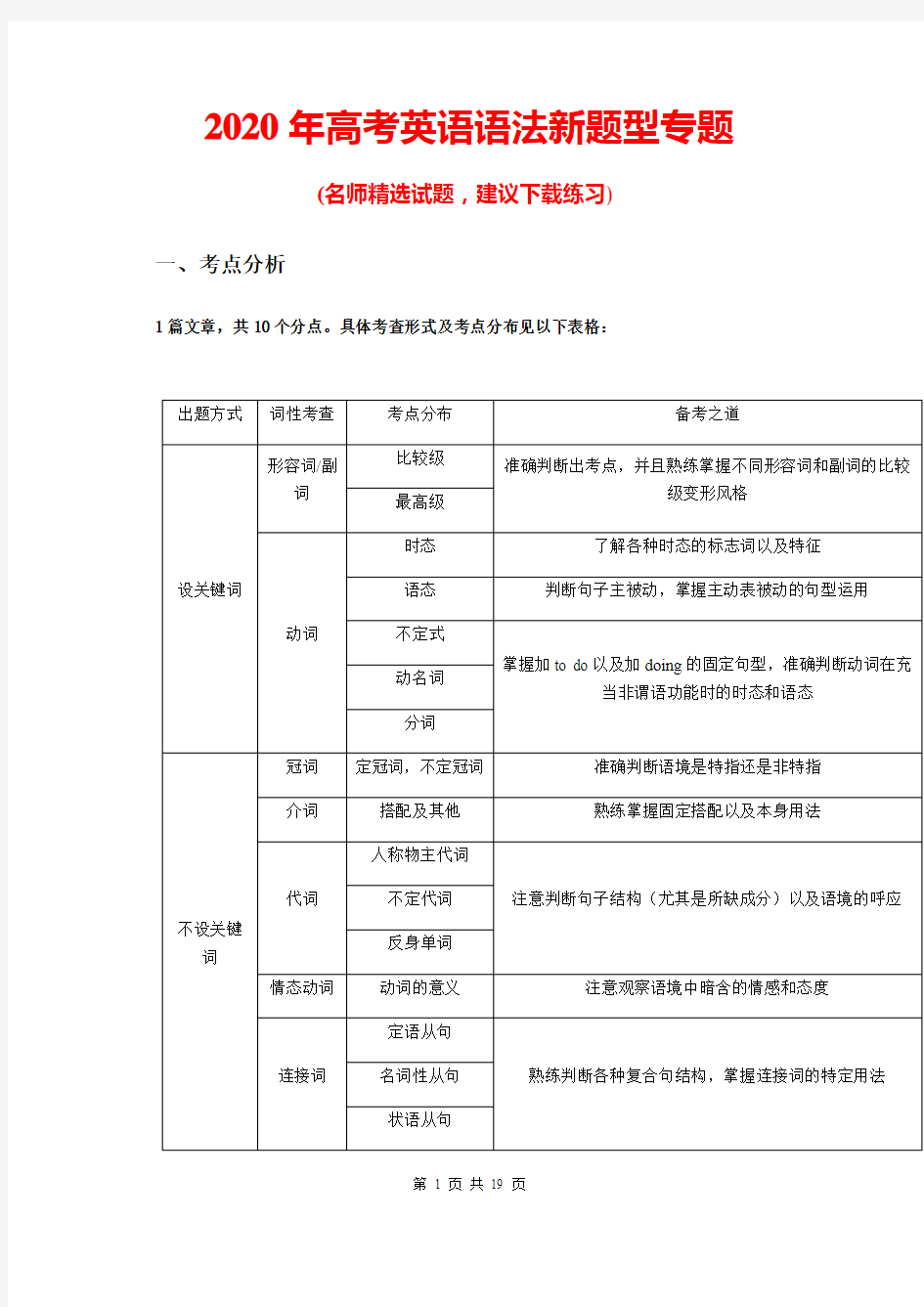 2020年高考英语语法新题型专题复习及答案