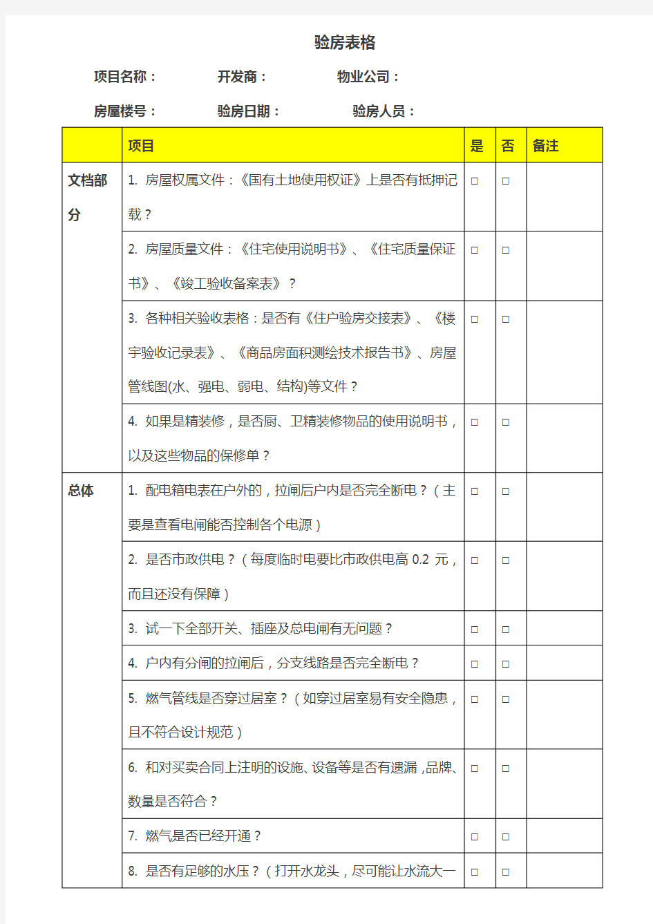 收房实用验房表格