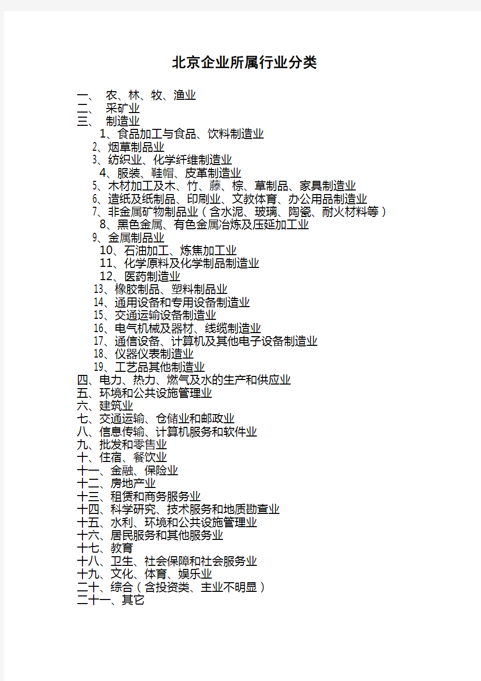 企业所属行业分类