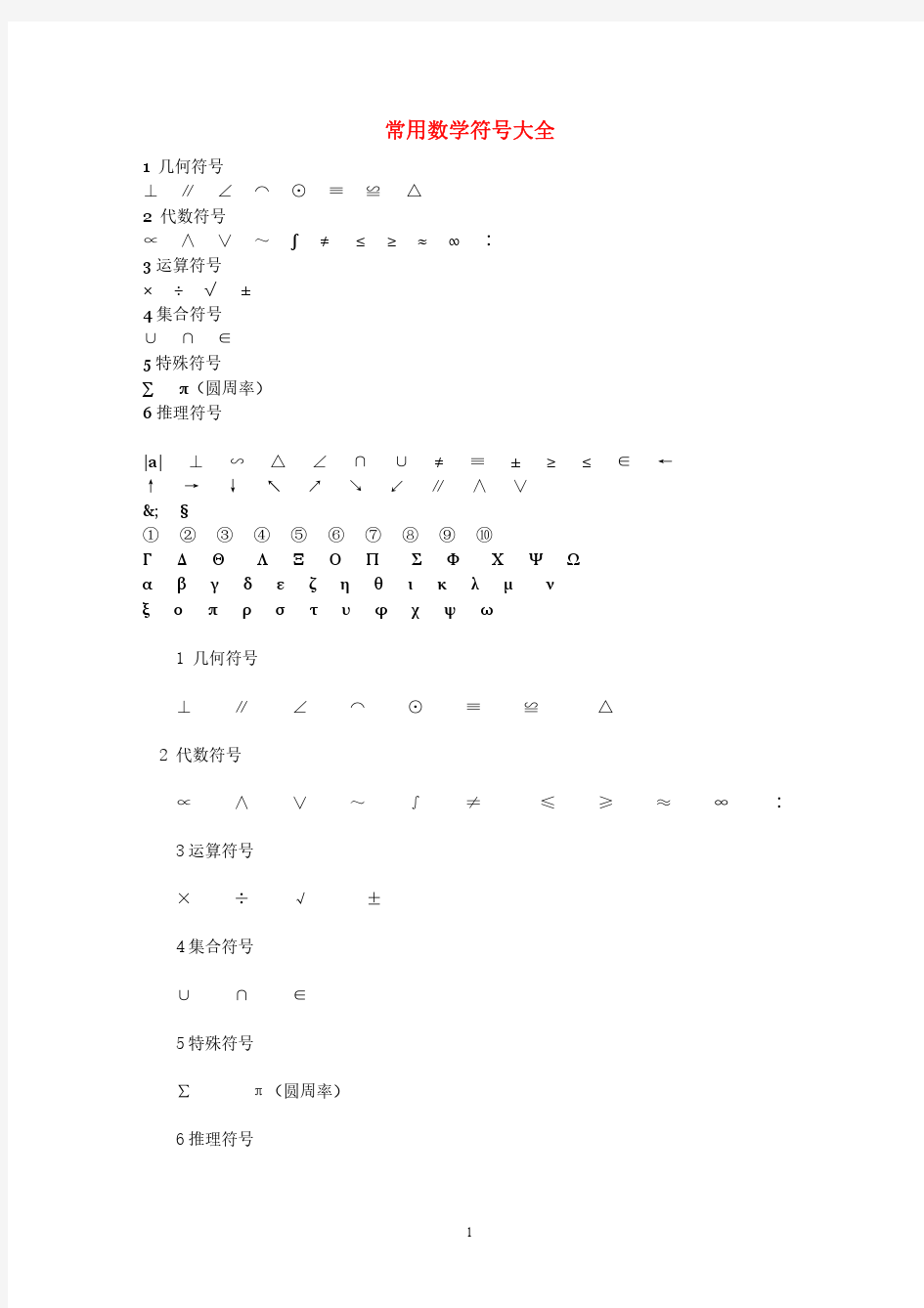 常用数学符号大全