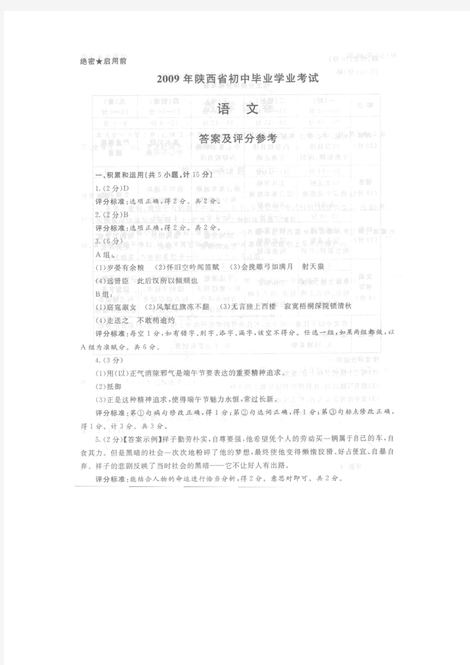2009年陕西中考语文副题及参考答案『九年级语文教师必备』
