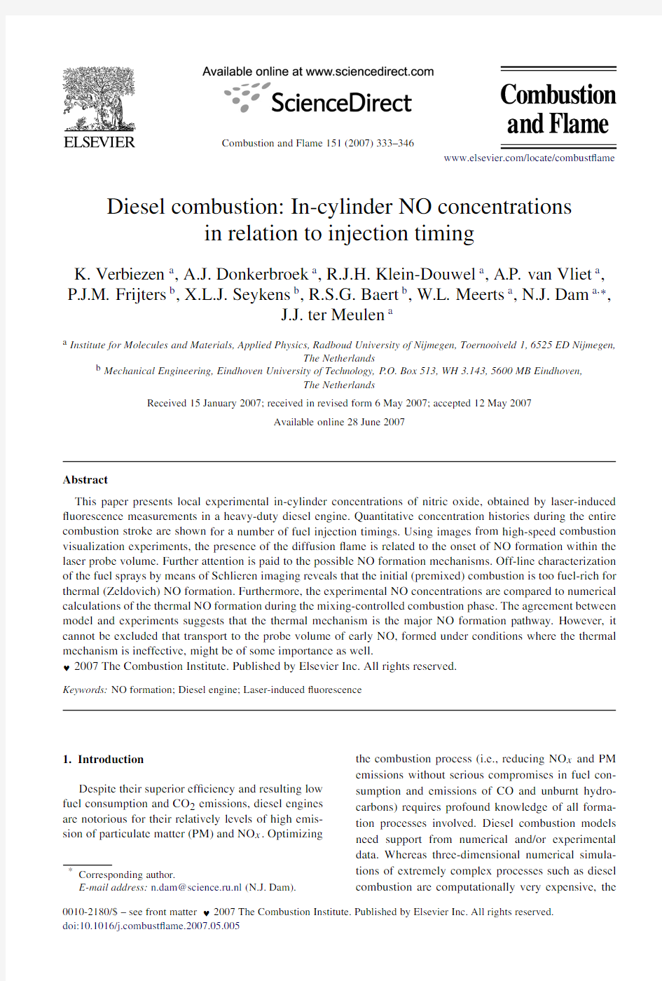 Diesel combustion In-cylinder NO concentrations in relation to injection timing