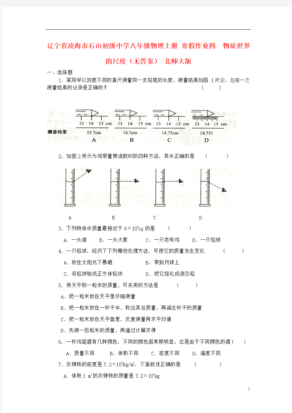 辽宁省凌海市石山初级中学八年级物理上册 寒假作业四  物质世界的尺度