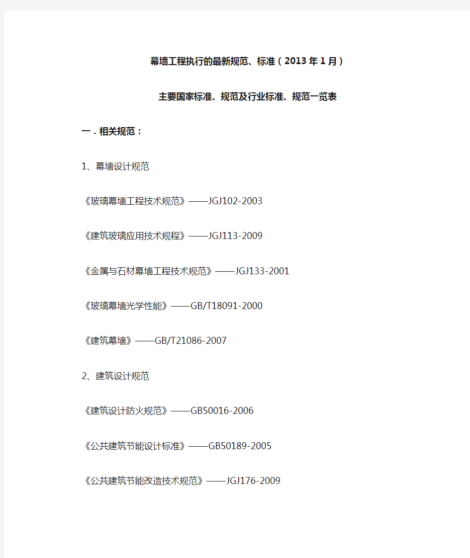 2013年最新幕墙工程施工参考和规范、规程、标准