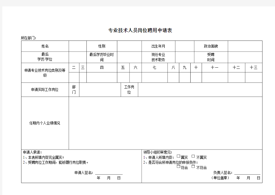 专业技术人员岗位聘用申请表