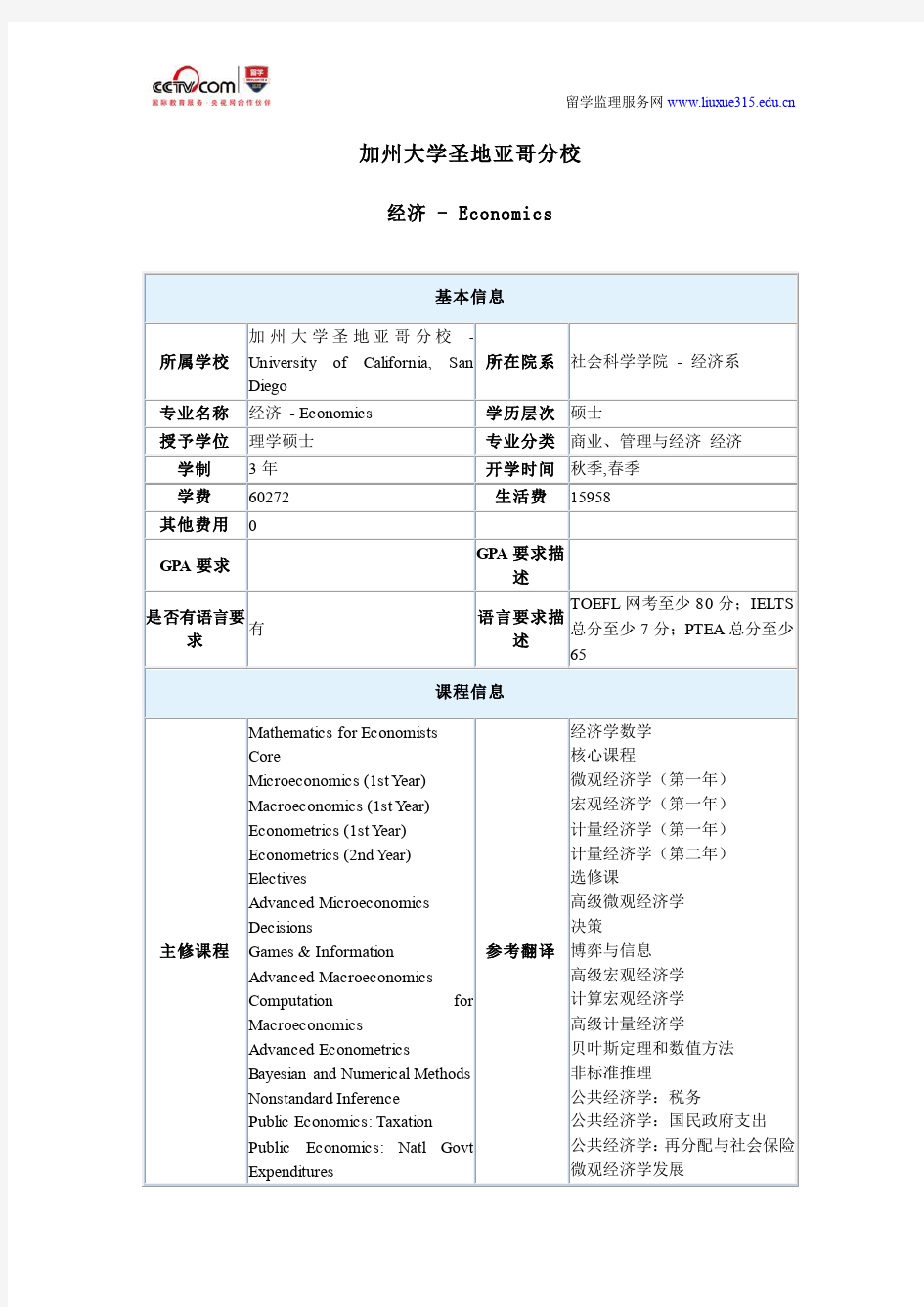 美国加州大学圣地亚哥分校经济学硕士专业