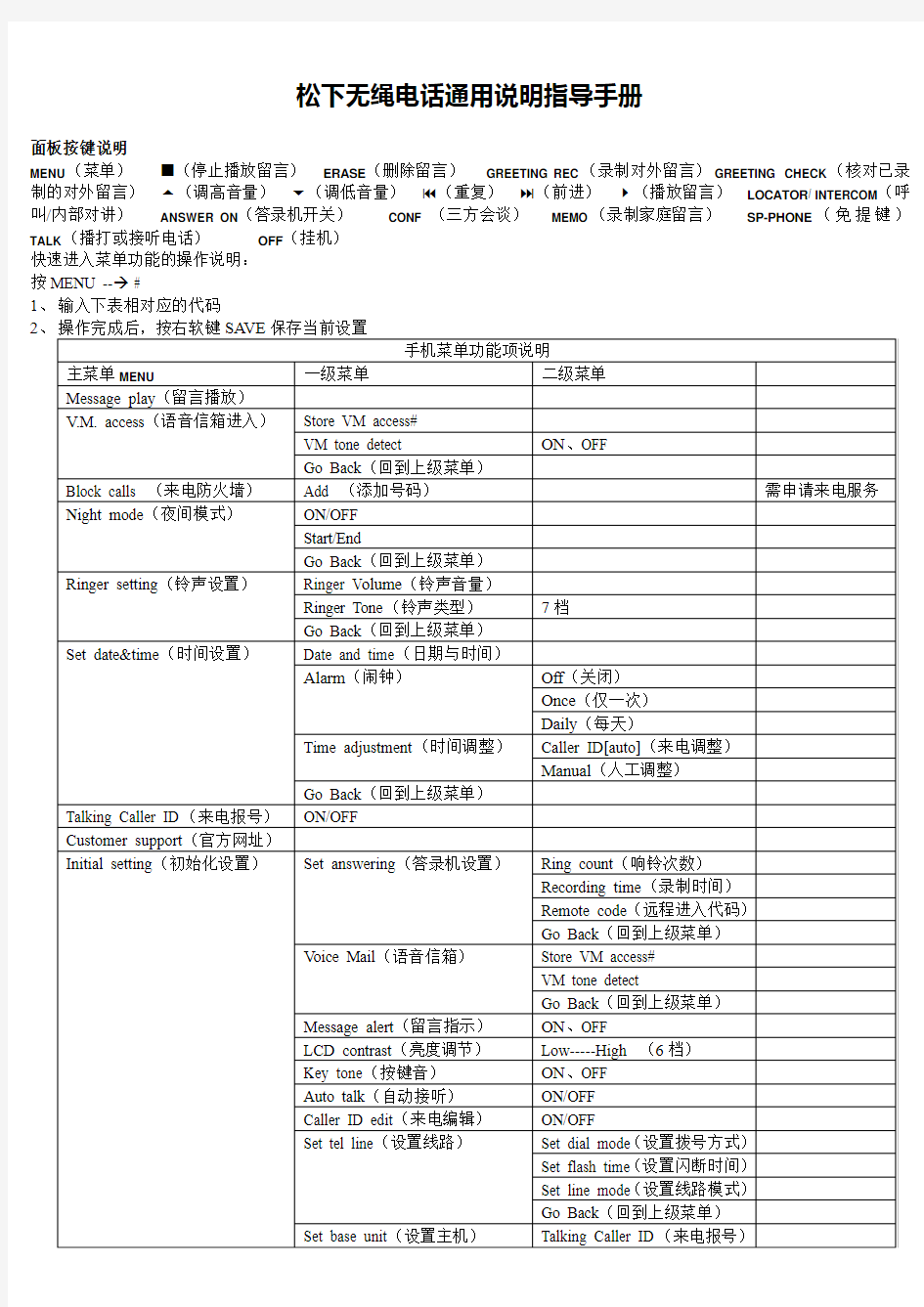 松下无绳电话子母机中文说明书