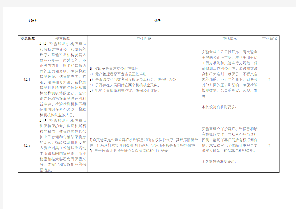 实验室内审检查表(按部门)