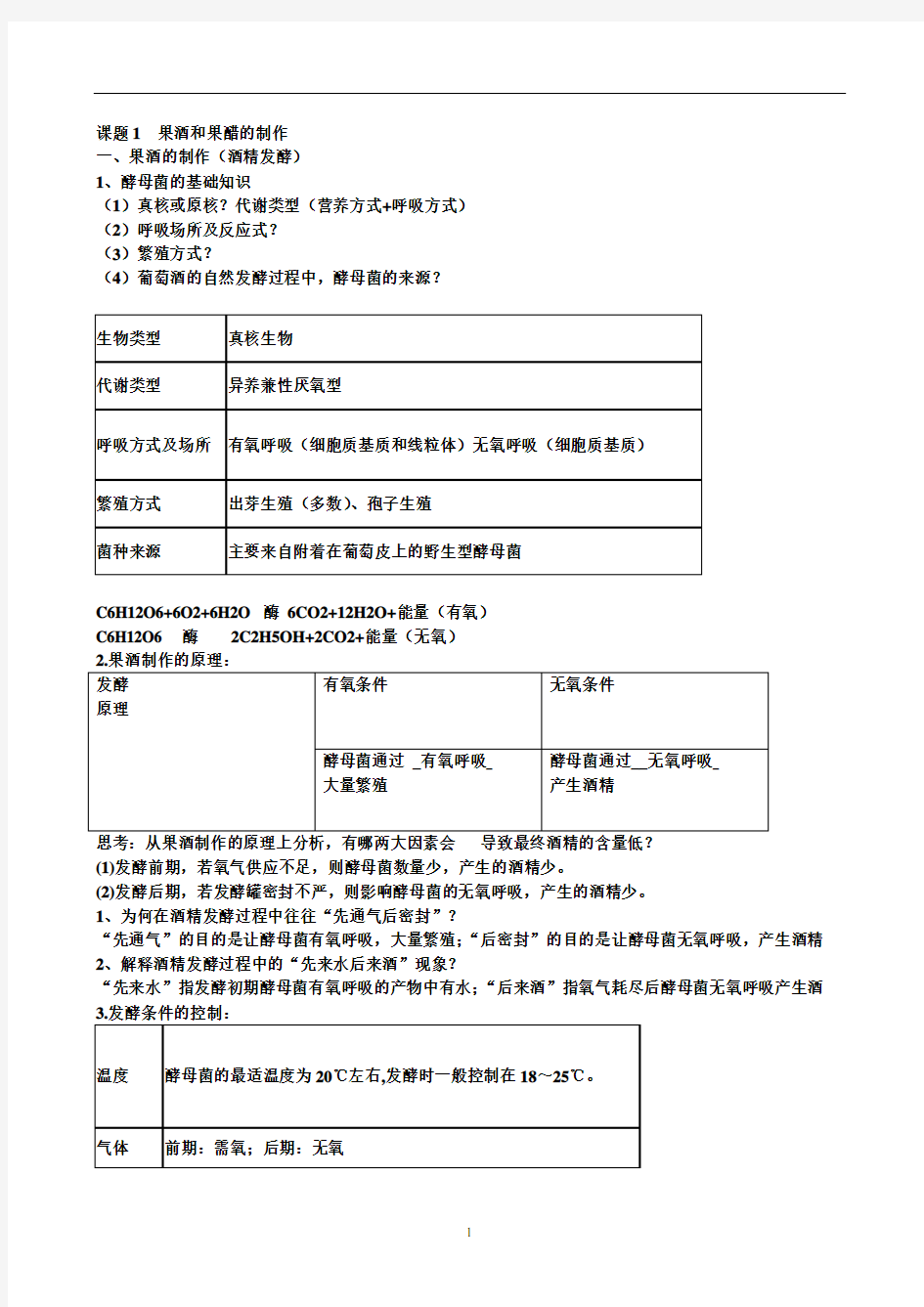 高中生物 果酒果醋制作知识 专题总结