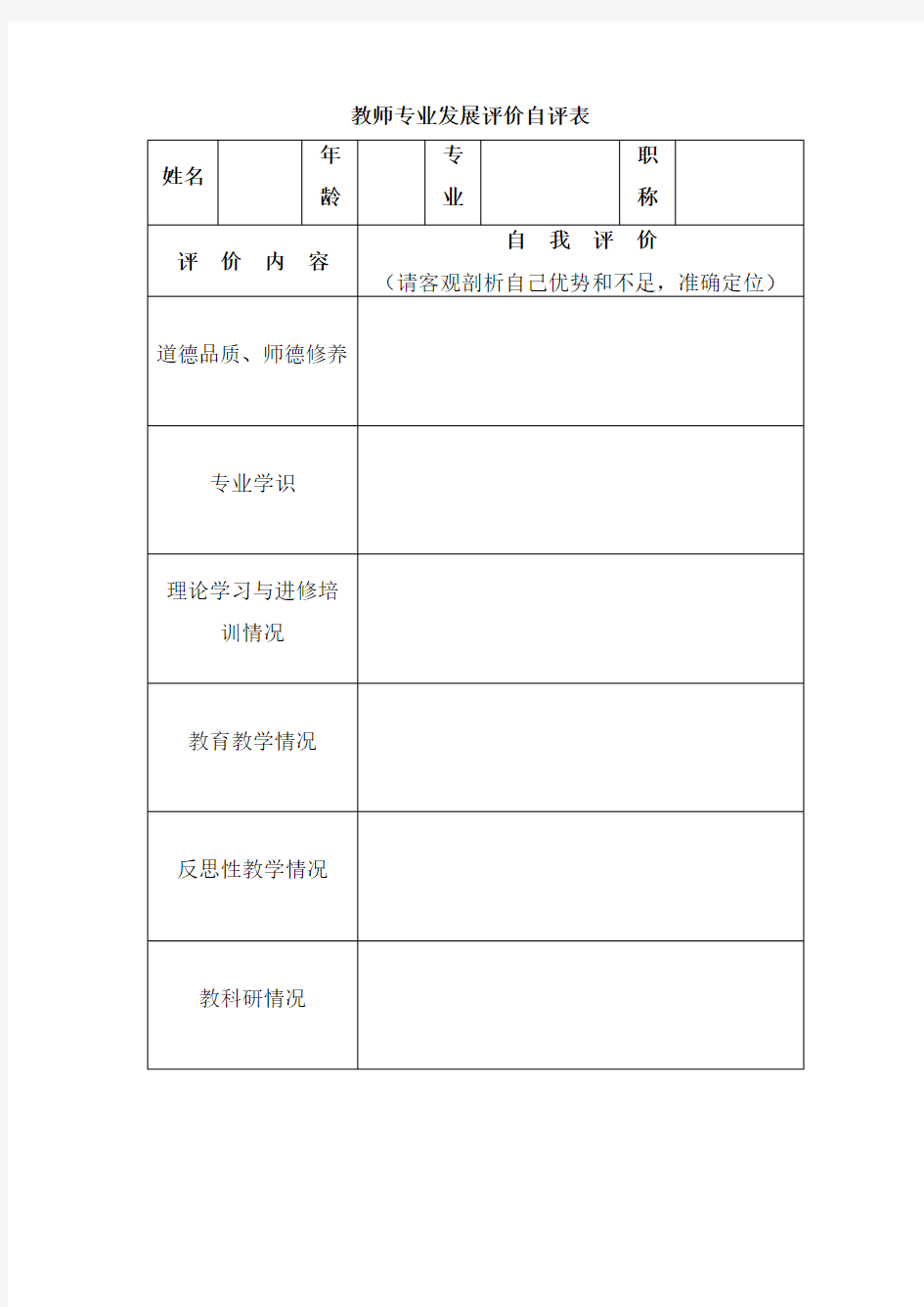 教师专业发展评价自评表