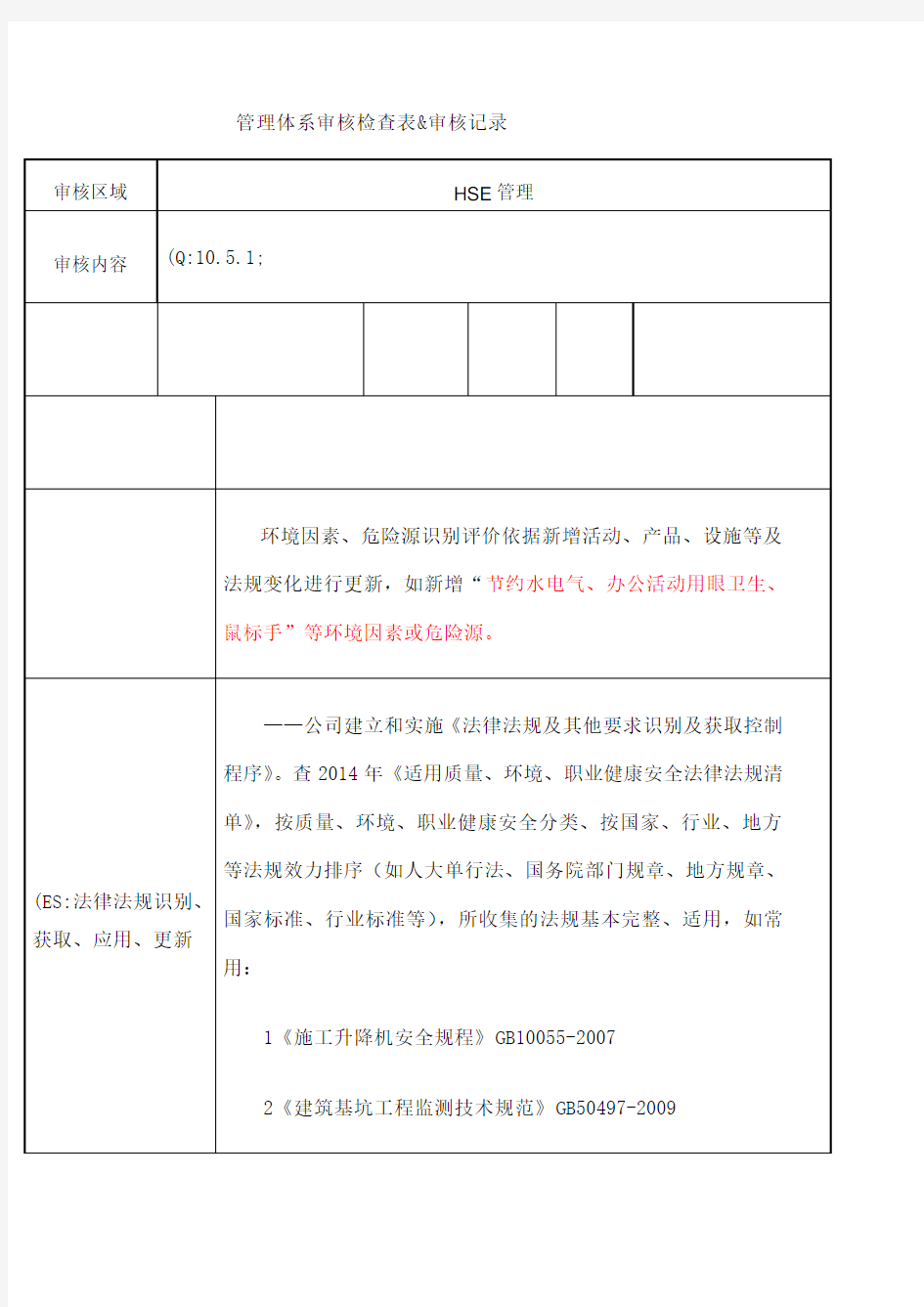 HSE管理管理体系审核检查表和审核记录