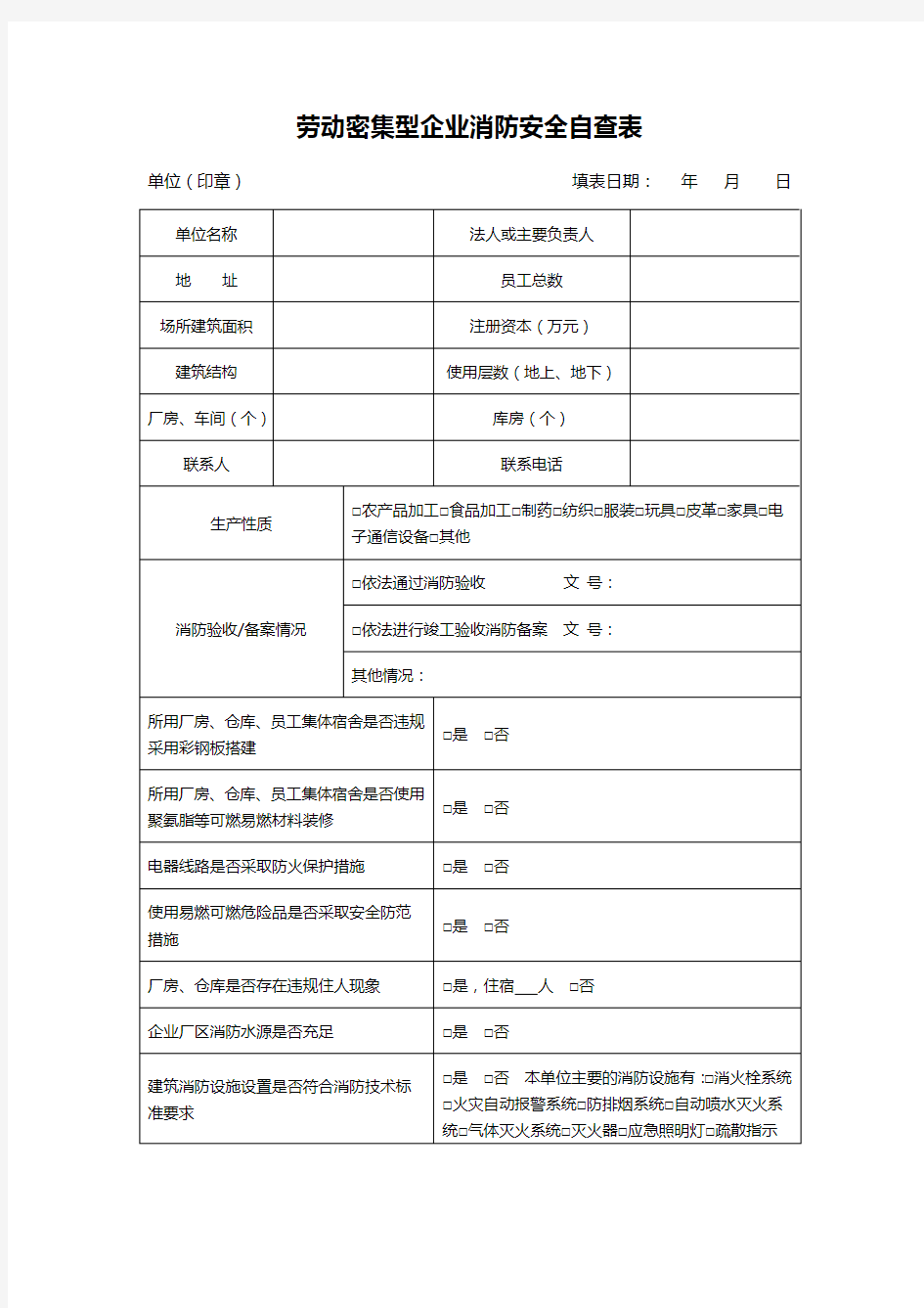 劳动密集型企业消防安全自查表