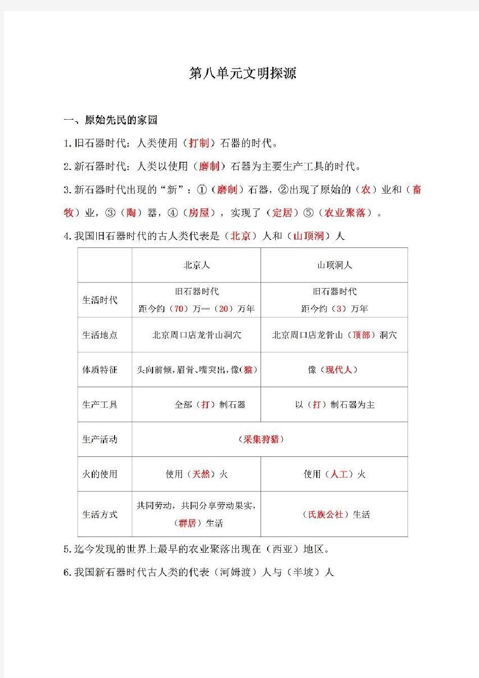 初一七年级历史与社会第八单元文明探源重点考点知识点