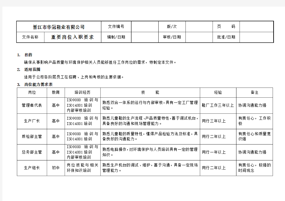 重要岗位新入职要求